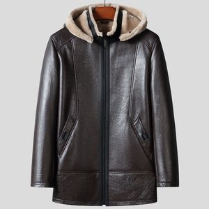 Vinter läderjacka för män Bomber Coat Hooded Vintage Motorcykel Jackor Woolen päls liner windbreaker tjockna varma toppar smal passform överrock brun plus storlek