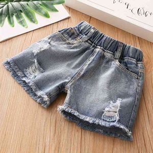 Sommar mode 3 4 6 8 10 12 år småbarn barn kläder kanter hål barn baby denim jeans shorts för tjejer 210529