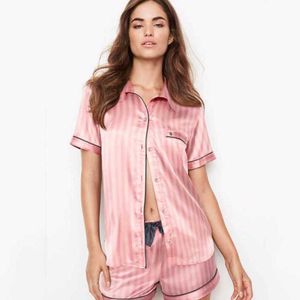 2 Parça Setleri Kadınlar için Saten Pijama Çizgili Bayanlar Şort Pijama Loungewear Ev Tekstili Yaz Giysileri Pijama Lüks Ev Takım Elbise Q0706