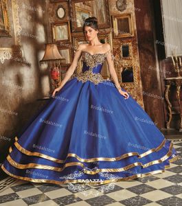 Vintage blaue mexikanische Quinceanera-Kleider mit Kristallspitze, Prinzessin, Ballkleid, süßes 15-Kleid, 2021, abgestuftes Goldkorsett, Abschlussball-Tanzkleider, Robes de Soir￩e