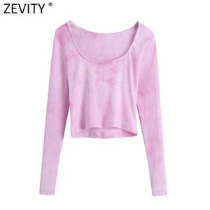 Zevity Spring Women Simply 염색 한 두건이있는 T 셔츠 숙녀 긴 소매 세련된 카메인 탱크 캐주얼 슬림 뜨개질 자르기 탑 LS7631 210603