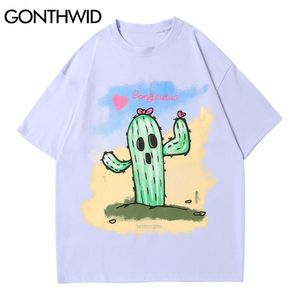 Tshirts Casual Streetwear Cartoon Cactus Print Short Sleeve Cotton T-Shirts Fashion Loose Hip Hop Harajuku Tees Tops 210602