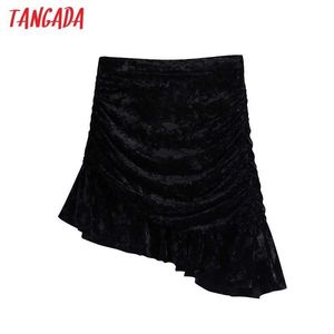 Tangada Women Chic Design Velvetプリーツの非対称スカートレディースバックジッパーシックフリルスカートBE357 210609