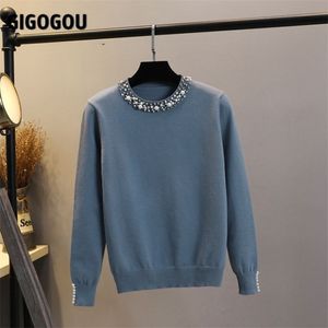 Gigogou Beading Kvinnor Tröjor Koreanska Mode Långärmad Pullovers Topp Höst Vinter Kwaii Kläder Stickad Jumper Pull Femme 211011