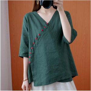 Этническая одежда женщины ретро хлопчатобумажная льняная рубашка китайский стиль повседневная блузка леди элегантное зеленое свободное нерегулярное qipao tops zen чайные халаты