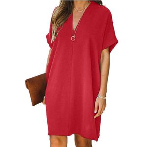 Summer Dress Women Casual Loose Dresses V Neck Mini Dress For Women Retro Short Sleeve Red Basic Dress Femme Robes Y2K Plus Size Y1006