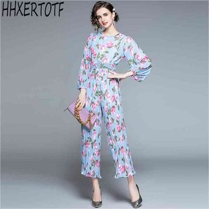 Frühling Mode Frauen floral chiffon Overall Strampler langarm O hals Lange, breite bein Hosen plus größe 210531