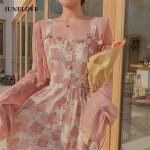 Junelove Mulheres Verão Impressão Floral Midi Dress Vintage Feminino Estilo Feminino Feminino Partido Casual Holiday Lady Boho Vestido 210623