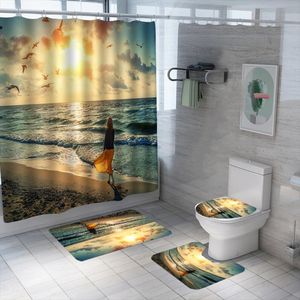 Duschgardiner 3D tryckt strandgardin set vattentät tvättbar polyesterbad Anti-slip mattor toalettlock täckmatta