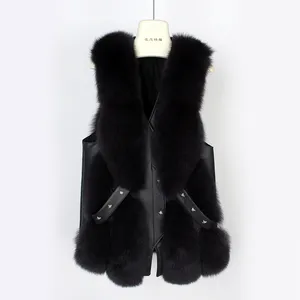 OFTUBY Nuova Giacca Invernale da Donna Gilet di Pelliccia di Volpe Naturale Modello di Locomotiva di Volpe Colletto di Vera Pelle di Pecora Corto Moda Streetwear