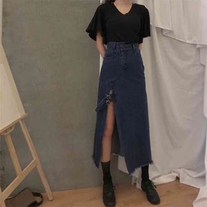 Vintage Etekler Kadınlar Yırtık Fransız Yaz Seksi Bölünmüş Denim Kadın Uzun Yüksek Bel Maxi Jeans Bayanlar 210601