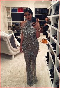 Kylie Jenner Vestido de fiesta abito da ser das abendkleid dieシルバーセレブドレスキムカーダシアンシースマーメイドハイネックシルバークリスタルビーズ