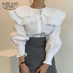 Korean Loose Button Up Shirt Spring Long Sleeve Blue Women Blouse Chic Double-layer Collar Ruffle Elegant Slim Tops 13804 210528