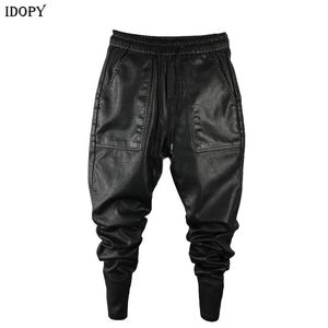 Idopy Men`s Winter Warm Faux Leather Harem Pants Elastic Waist Drawstring PU Joggings Trousers For Male 211201