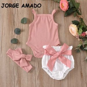 Atacado Verão Bebê Conjuntos de 3 peças De Algodão Soild Waffle Mangas Sem Mangas + Shorts Hairband Outfits bonitos E252 210610