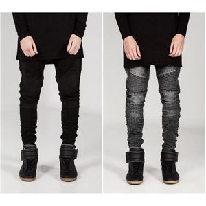 Erkek Pantolon Trendy Marka Motosiklet Yığılmış Kot Erkek Kadın Buruşuk Slim Fit Denim Elastik Pileli Skinny Jean Pantolon 2021 Siyah