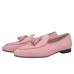 Pink Color Velvet Tassel Dress Shoes Men Loafers British Style Classic Men Smoking Slippers For Wedding And Party Plus Size