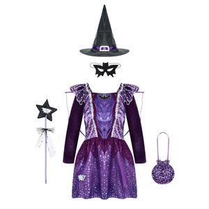 Девушка платья Y девушки хэллоуин ведьма костюм маскарад карнавальная партия дети фиолетовый вампир принцесса одеваются летучая мышь крылья ребенка дьявол