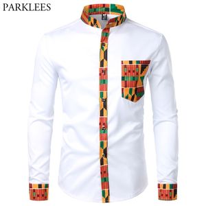 Dashikiアフリカのメンズシャツパッチワークポケットアフリカプリント男性アンカラスタイル長袖デザインカラードレスS 210721