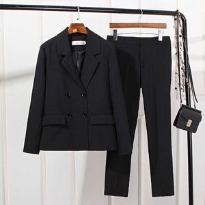 Kvinnors plus storlek svart kontorjacka casual professionell kostym byxor passar dubbel-breasted damer blazer slim byxor 210527