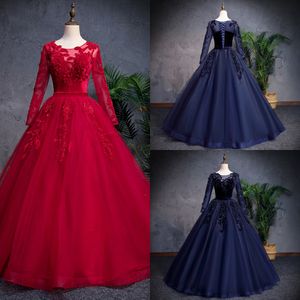 Magic Velvet Flowers Prom Dress Abiti da sera principessa con maniche lunghe Gioiello con perline in tulle Abito lungo Quinceanera A-line