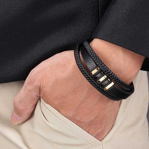 Classic Design Black Leather Cuff Bracelet Guld och Svart Rostfritt Stål Magnetiska Spänne Armband