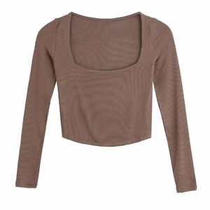 Autumn Women Square Collar Knitting Short T Shirt Casual Femme O Neck Long Sleeve Crop Tops T1380 211110