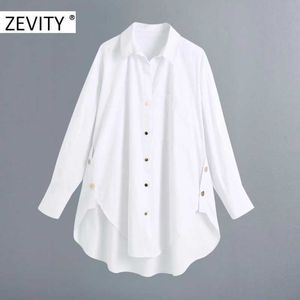 ZEVITY Kadınlar Moda Altın Düğmeler Beyaz Smock Bluz Bayanlar Uzun Kollu Iş Göm Gömlek Chic Femininas Blusas Tops LS7218 210603