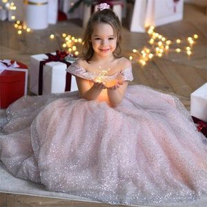 2021 Glitter Flower Girls Dresses A Line Off The Shoulder Girl's Pageant Gowns Handgjorda Golv Längd Glänsande Birthday Party Dress