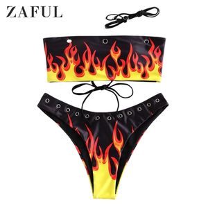 Women Lace-up Bandeau Bikini Set Strapless Sexy Swimsuit Flame Print Grommets Ladies Swimwear String Padded Bathing Suit 210621