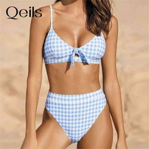 Qeils Bow Plaid Bikinis Push Up Bikini Sale Straps Padded High Waist Swimsuit Retro Swimwear Women Sexy Biquini 210702