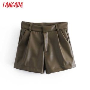Tangada Kvinnor Elegant Solid Faux Läder Shorts Kvinna Retro Casual Shorts Pantalones QN38 210609