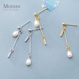 Trendig 925 Sterling Silver Sparkling Zircon Short Stick Pearl Asymmetri Drop Earring för Kvinnor Korea Style Fine Smycken 210707