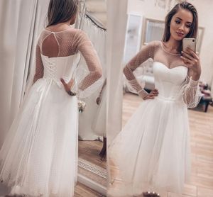 Illusion Brautkleid Kurz Hell Champagner 2021 Langarm Puff A-Linie Tüll Schatz Brautkleider Maßgeschneidert Spitze Netz Elegant