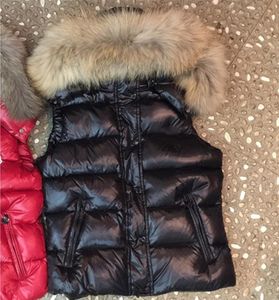Women Down Nylon Short Vest Real Fur Attached Hooded Designer Lady Button Side Pockets Zipper Warm Winter Vests