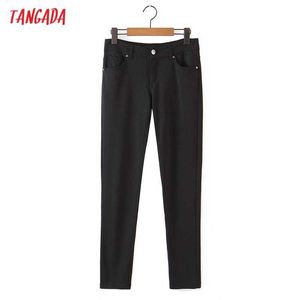 Tangada Moda Kobiety Czarny Garnitur Spodnie Spodnie Przyciski Lady Struszczące spodnie Pantalon 8H90 210609