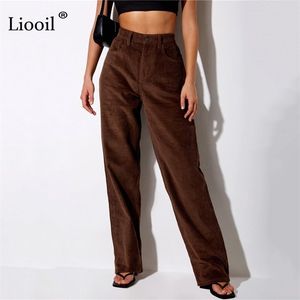 Pantaloni di velluto a coste larghi gamba dritta donna a vita alta allentata autunno inverno con tasche streetwear pantaloni larghi marrone mon lungo 211115