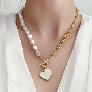 KMVEXOエレガントエナメルハートペンダントネックレス女性2021バロック様式真珠の非対称チェーントグルクラスプネックレスジュエリー