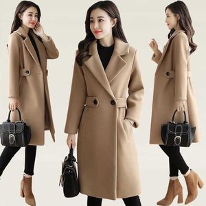 Winter Clothes Wool Coat belt slim Women Coat Korean Autumn Female Woolen Coat Fashion Jacket Elegant Blend outerwear 210924