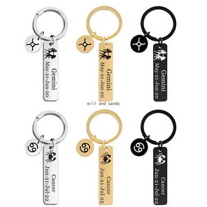 Letter Stainless Steel Bar 12 Star Sign Horoscope Keychain Gold Bar Gemini Taurus Virgo Sign Month Key Ring Bag Hangs Fashion Jewelry