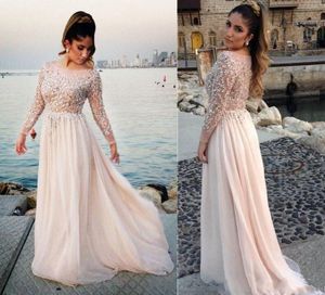 Pink Evening Blush Dresses with Long Sleeves Beaded Sequins Custom Made Sweep Train Tulle Prom Party Gown Formal Ocn Wear Vestidos