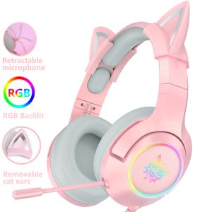 K9 RGB Oyun Stereo Kulaklıklar Pembe Kulaklık Çıkarılabilir Kedi Kulak Kablolu USB, PS4/Xbox One sevimli kız için mikrofon gürültüsü azaltma ile