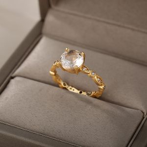 Bagues de cluster cristal luxe pour femme en acier inoxydable or rond anneau géométrique CZ Couple 2021 Tendance de bijoux esthétiques