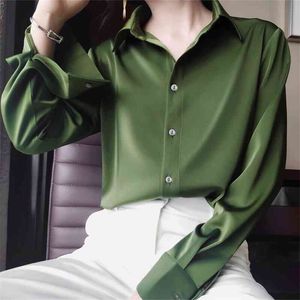 Of Office Bluzka Kobieta Plus Size Koszule Z Długim Rękawem Bluzki Damskie Zielone Single Breasted Topy Blusas Mujer White 210601