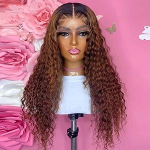 Long Kinky Curly Human Hair Ombre Brown Wig Priplucked Glueless Syntetic Lace Front Paryk för svarta kvinnor