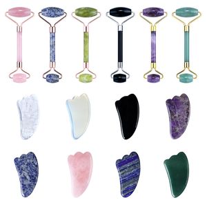 Natural Jade Face Roller Gua Sha Narzędzie Prezent Zestaw Masażysta Kryształ Róża Kwarc Ametyst Kamień Guasha Masaż Masaż Skrobak Ochrona twarzy Anticellulit Beauty