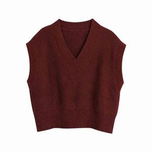 Evfer Women Autumn Casual V-Neck Red Za Korta Tröjor Kvinnlig Elegant Ärmlös Strikkad Pullover Vest Nya Sprint Girls Jumpers Y1110