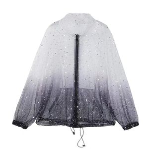 Giacche da donna Cappotto di protezione solare Harajuku Giacca da donna con paillettes sfumate Donna Sottile Taglie forti Manica lunga femminile Trasparente