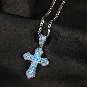 BLING NEW CHARM ICED ut produkten Blue Zircon Cross Pendant Necklace Hip Hop Fashion Diamond Jewelry All-Match Sweater Chain Gifts for Women and Men