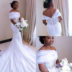 White Mermaid Wedding Dresses Nigerian Arabic African Bridal Gowns Sheer Off Shoulder Sweep Train Robe de soriee